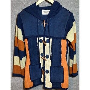 Vintage Women`s Small Leather Acrylic Indian Aztec Navy Blue Jacket w/ Hood